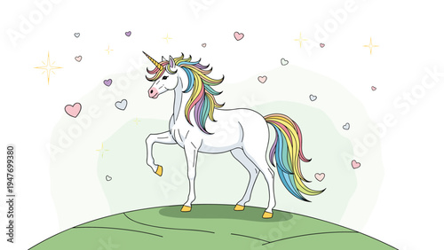 Majestic white unicorn with colorful rainbow mane and tail standing on a green hill surrounded by floating pink hearts.