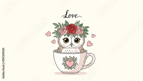 Sweet brown owl wearing a flower crown sitting in a decorative teacup with pink hearts and the word love written above.