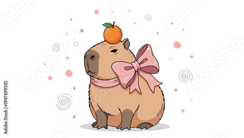 Adorable capybara wearing a large pink bow around its neck and carrying an orange on its head with swirl patterns.