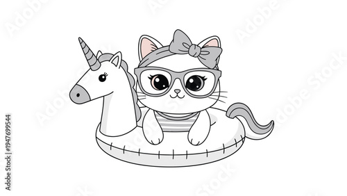 Cute white cat wearing glasses and a bow sitting inside a unicorn shaped pool floatie in a gray scale style.