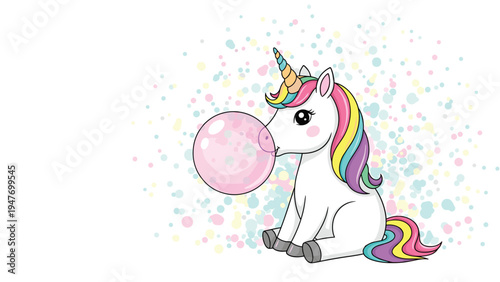 Sweet white unicorn with rainbow mane sitting and blowing a large pink bubble gum against a colorful speckled background.
