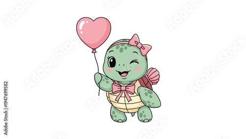 Happy little turtle wearing a pink bow and holding a heart shaped pink balloon with a wink on its face.