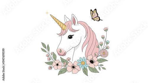 Elegant profile of a white unicorn with pink mane surrounded by a wreath of spring flowers and a flying butterfly.