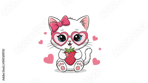 Trendy white kitten wearing heart shaped sunglasses and a pink bow happily holds a large red strawberry.