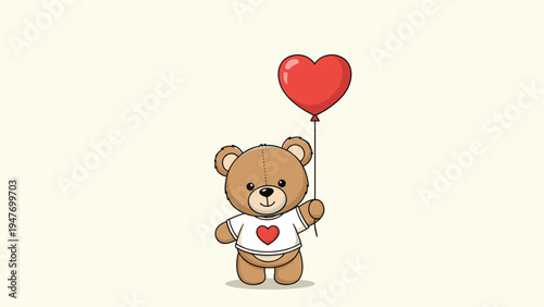 Sweet brown teddy bear wearing a white heart shirt holds a red heart shaped balloon in this lovable animal illustration.
