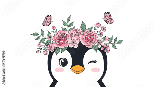 Charming penguin with large eyes and a friendly wink wears a beautiful crown of pink roses and green leaves.