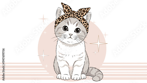 Stylish grey and white kitten wearing a trendy leopard print bow headband sits against a soft pink circular background.