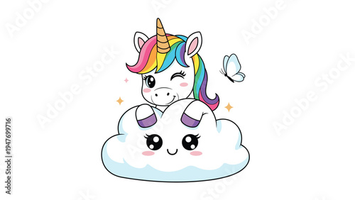 Winking baby unicorn with a rainbow mane peeks over a soft white cloud accompanied by a delicate blue butterfly.