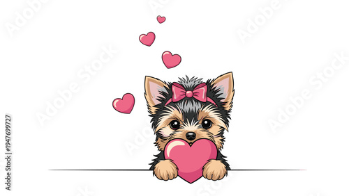 Tiny Yorkshire Terrier puppy wearing a pink bow holds a large pink heart while peeking over a white border.