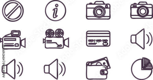 Black silhouette music icons set featuring vector media symbols for web and technology design including radio, phone, and camera illustration pictograms