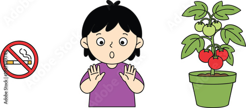 No smoking concept illustration, child refusing cigarette healthy lifestyle awareness with plant growth vector scene