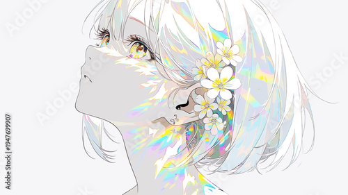 白髪の女性の横顔に花飾りとホログラフィックな光が輝くアニメイラスト