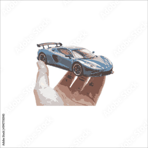 Human Hand Holding Blue Toy Sports Car on White Background