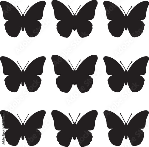Nine black silhouette butterflies arranged in a neat three-by-three grid pattern