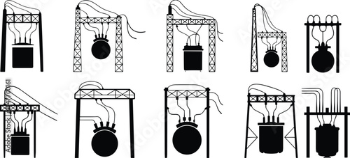 Steel industry furnace silhouettes set, industrial smelting equipment factory metallurgy process vector illustration collection