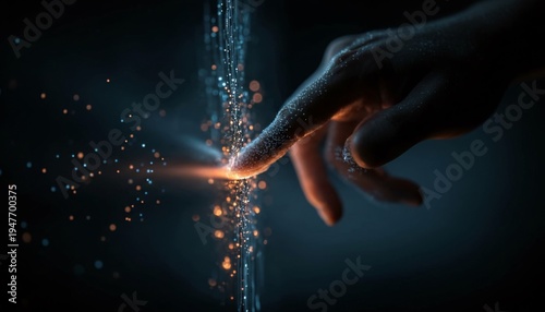 A hand touching a sparkling digital interface with glowing particles and a dark background