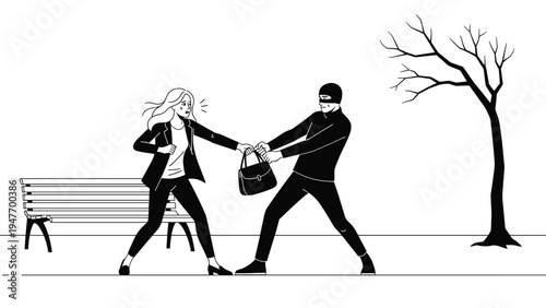Black and white illustration of a thief in a mask trying to steal a handbag from a terrified woman in a public park.