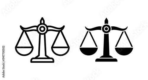 Black and white scales of justice icons in simple line style