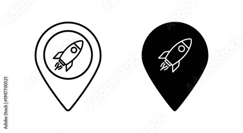 Black and white icons of rocket ship in map pin