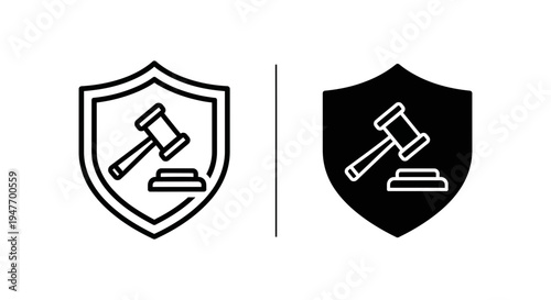 Black and white line icons of law shield with gavel and sound block