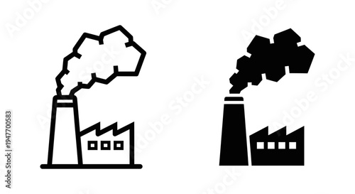 Black and white factory building smokestack icons with smoke emissions