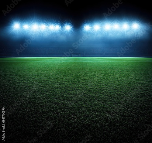 Empty illuminated soccer field at night with bright stadium lights and green grass focused on goal post