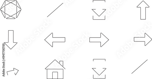 A set of black arrow icons and business symbols in vector illustration format featuring web buttons for internet direction and form marks on a computer