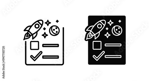 Black and white icons of checklist with rocket and smiley face on colored background