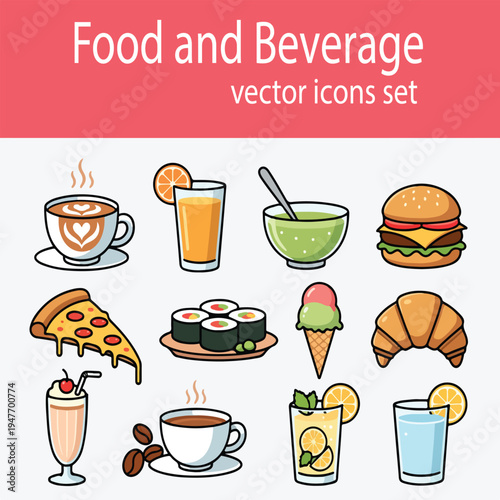 Food and Beverage Vector Icons Set with Coffee, Burger, Pizza, Sushi and Drinks