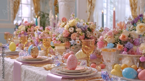 Luxurious Easter brunch table with ornate eggs, ribbons, flowers and candles, bright cheerful pastel holiday decor
