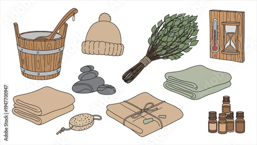 Hand Drawn Sauna and Russian Bathhouse Accessories Set with Wooden Buckets, Birch Broom, Felt Hat, Thermometer, and Essential Oils in a Whimsical Doodle Illustration Style