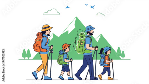 Happy Family Hiking in the Mountains with Backpacks and Walking Poles Vector Illustration