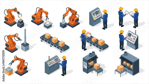Isometric Industrial Robot and Automation Factory Set
