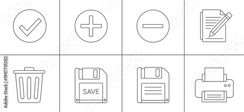 Black vector icon set featuring garbage bags and containers for business and website design illustrations