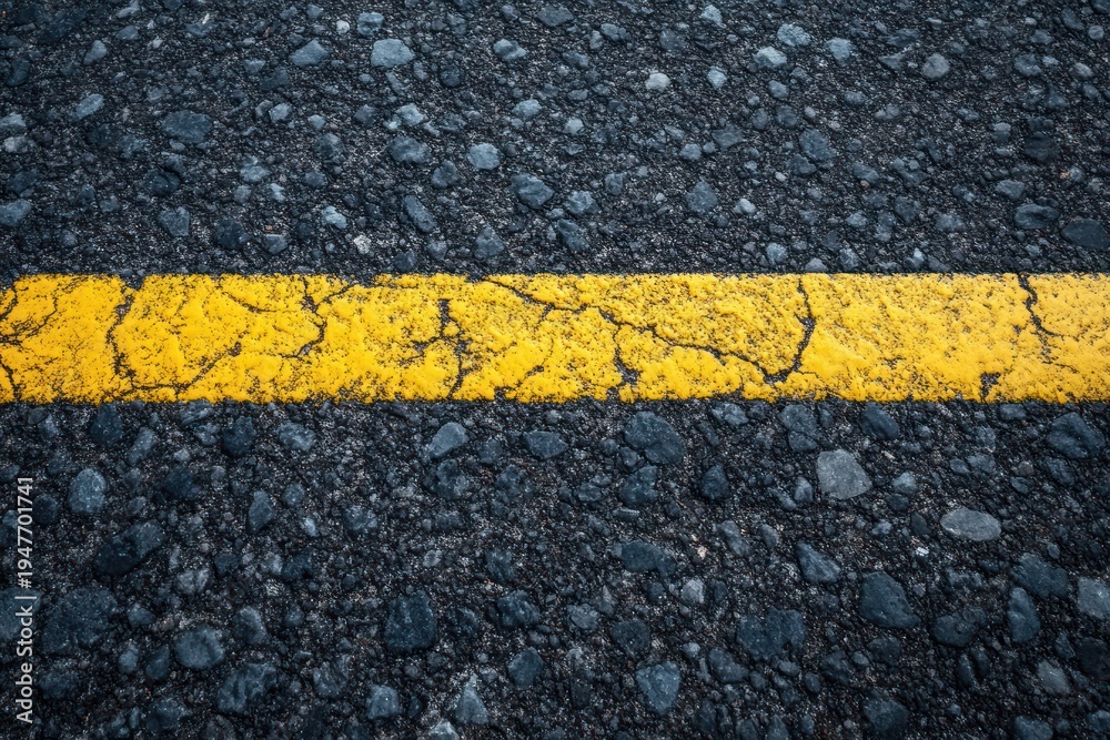 Fototapeta premium close-up of a cracked yellow road line across rough asphalt with gritty worn texture and weathered urban surface