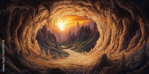 sunlit cavern mouth framing a winding rocky path toward jagged mountain spires under a golden sunset, evoking awe and serene mystery