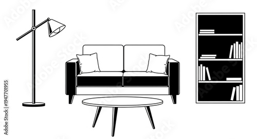 Modern Living Room Furniture Illustration with Sofa Coffee Table and Bookshelf.