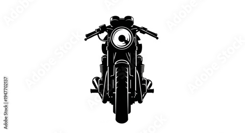 Front view of a classic black motorcycle on a white background.
