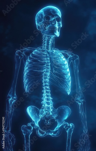 glowing blue translucent human skeleton with skull, ribcage, spine, pelvis and arms floating against a dark background, eerie clinical scientific mood