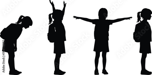 School girl silhouette poses with backpack standing raising hands and stretching isolated vector illustration for children student character design