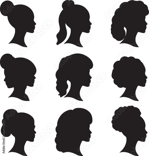 Nine distinct silhouette profiles of hairstyles for diverse character designs