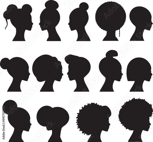 Diverse silhouettes showcasing various hairstyles and hair types in profile view