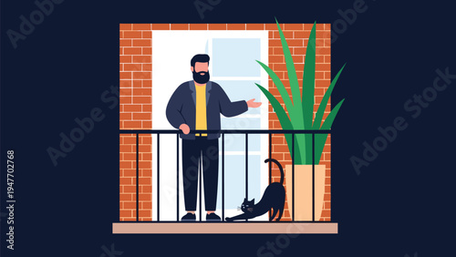 Bearded man standing on a balcony with a black cat stretching at his feet while enjoying the view from his apartment at night.