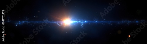 Bright central star radiates orange glow and a blue beam across the dark space, with distant stars and soft flares, evoking awe and wonder