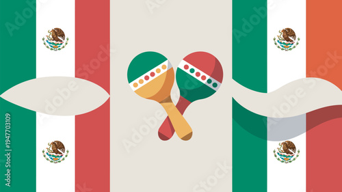 A vibrant illustration of maracas in front of the Mexican flag, symbolizing festive Latin American culture and music.