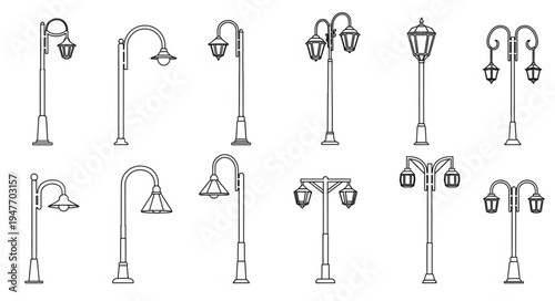 Collection of vintage street lamp illustrations in black and white.