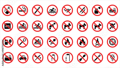 Comprehensive Collection of Prohibition Symbols and No Signs for Public Safety, Park Regulations, and Environmental Protection Signage