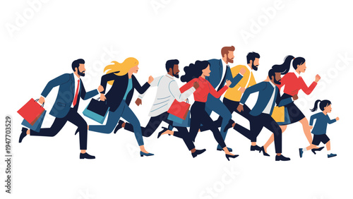 Large crowd of diverse shoppers running with colorful bags in a rush to find the best deals during a big holiday sale event.