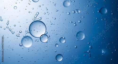 Detailed view of various sized transparent bubbles and molecular structures floating in a blue gradient liquid