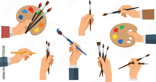 Hands holding paintbrush and palette artist painting tools creative art process vector illustration set isolated